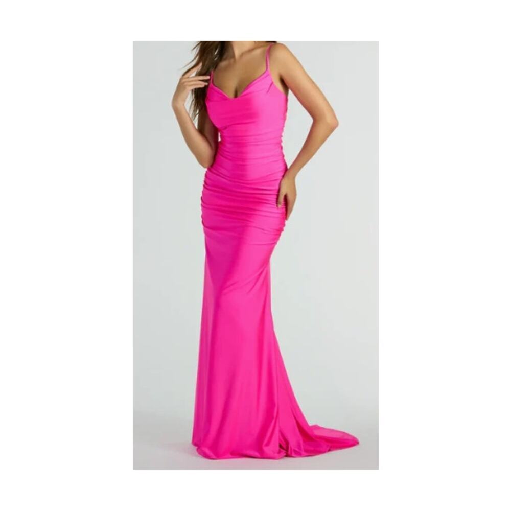 Jamie Formal Neon Pink Fitted Cowl Neck Mermaid Long Dress Sz XS